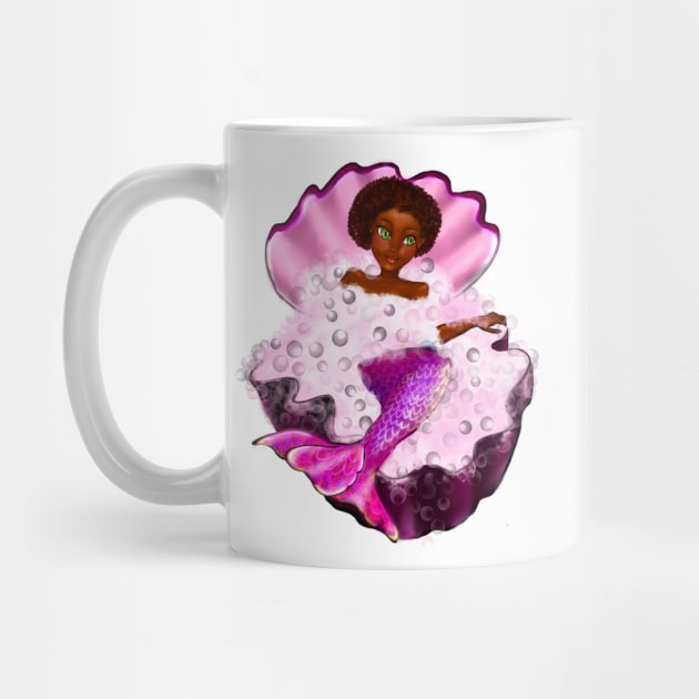 Mermaid spa day in Oyster clam shell - Black anime mermaid in bubble bath. Pretty black girl with Afro hair, green eyes, Cherry pink lips and dark brown skin. Hair love ! by Artonmytee